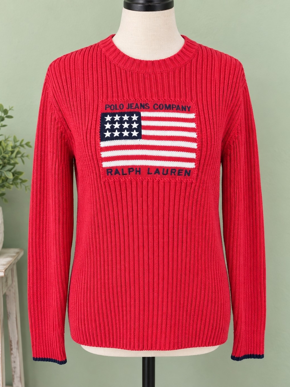 Y2K Polo Jeans Co Ralph Lauren XL Red American Flag Cotton Ribbed Sweater - Picture 2 of 13